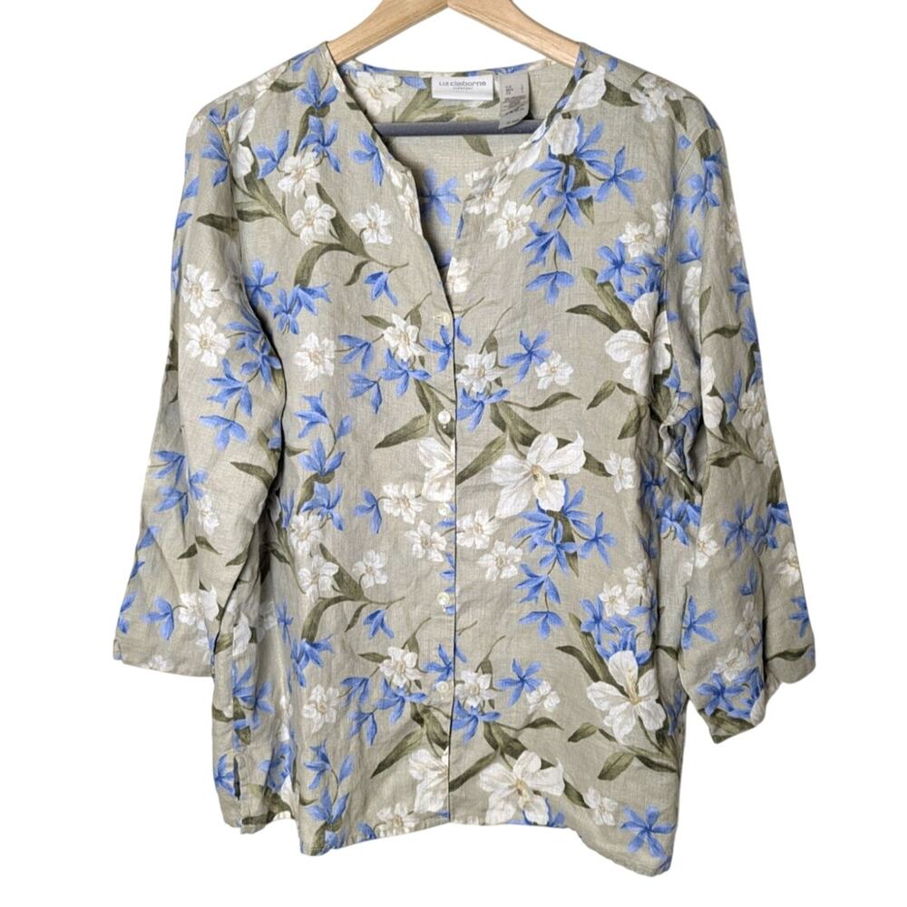 Liz Claiborne 100% Linen Floral Sage Green Button Front Top Women L Office Work